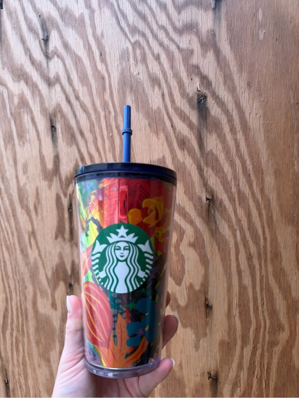 Starbucks Multicolor Floral Cold Cup with Blue Lid and Straw